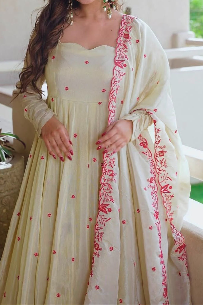 Dimond Silk With Embroidery Work Gown And Dupatta Set Fully Stitched
