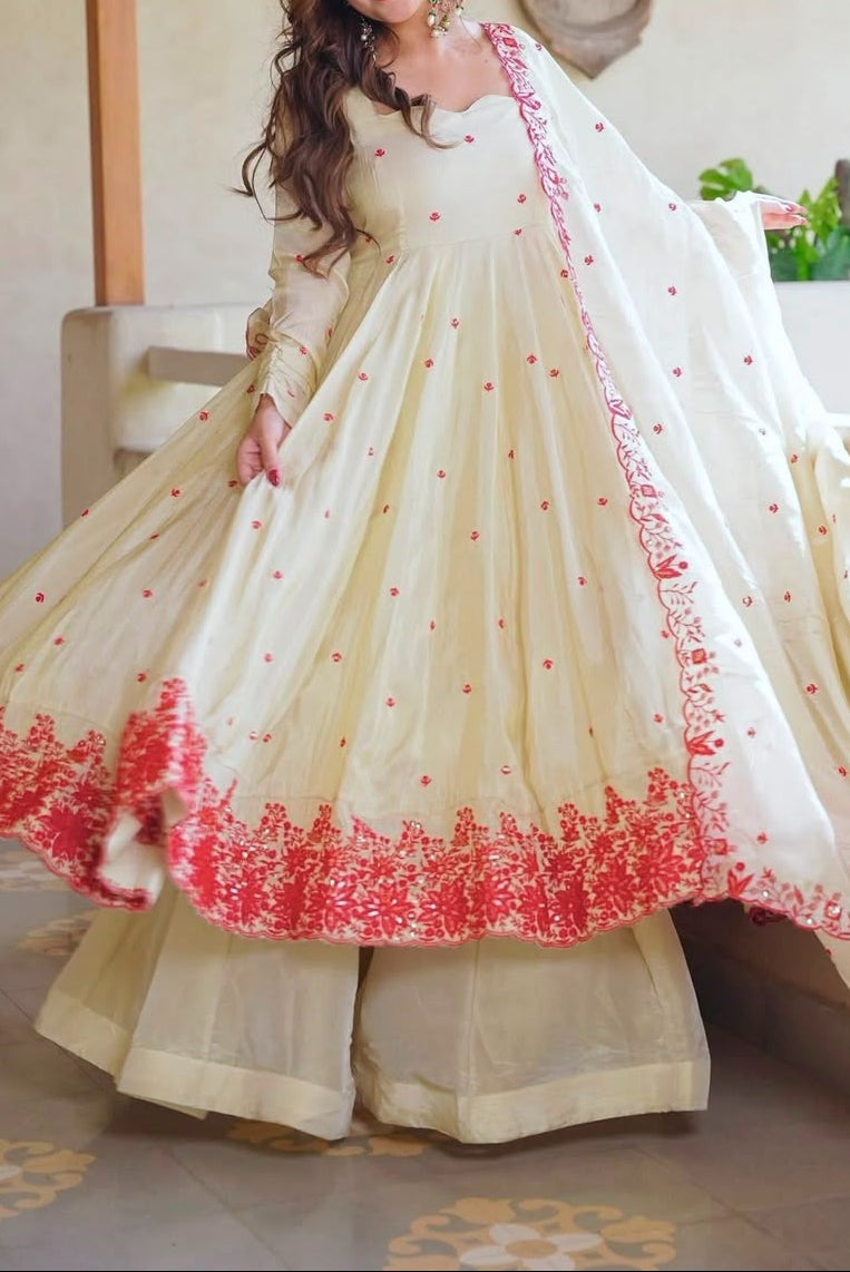 Dimond Silk With Embroidery Work Gown And Dupatta Set Fully Stitched