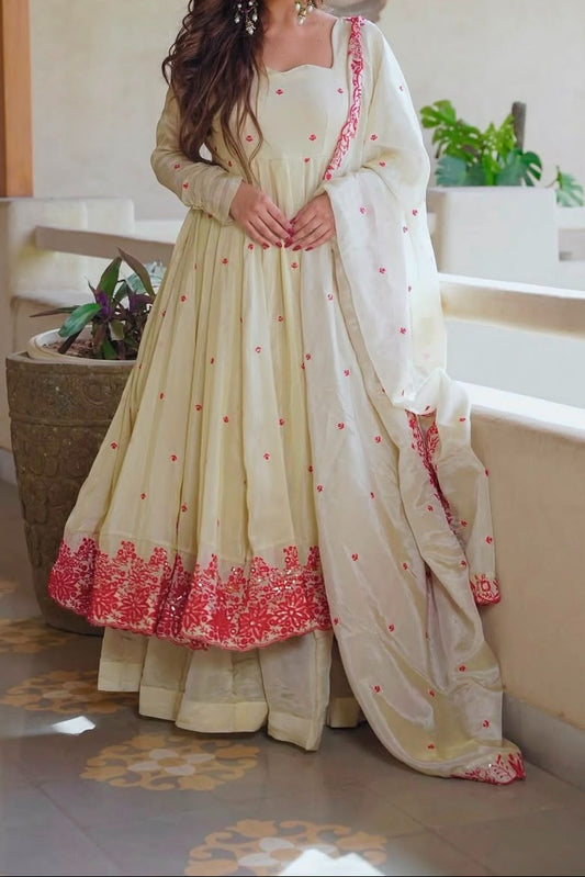 Dimond Silk With Embroidery Work Gown And Dupatta Set Fully Stitched