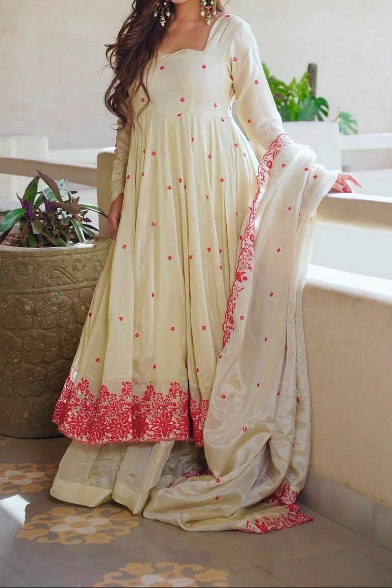 Dimond Silk With Embroidery Work Gown And Dupatta Set Fully Stitched