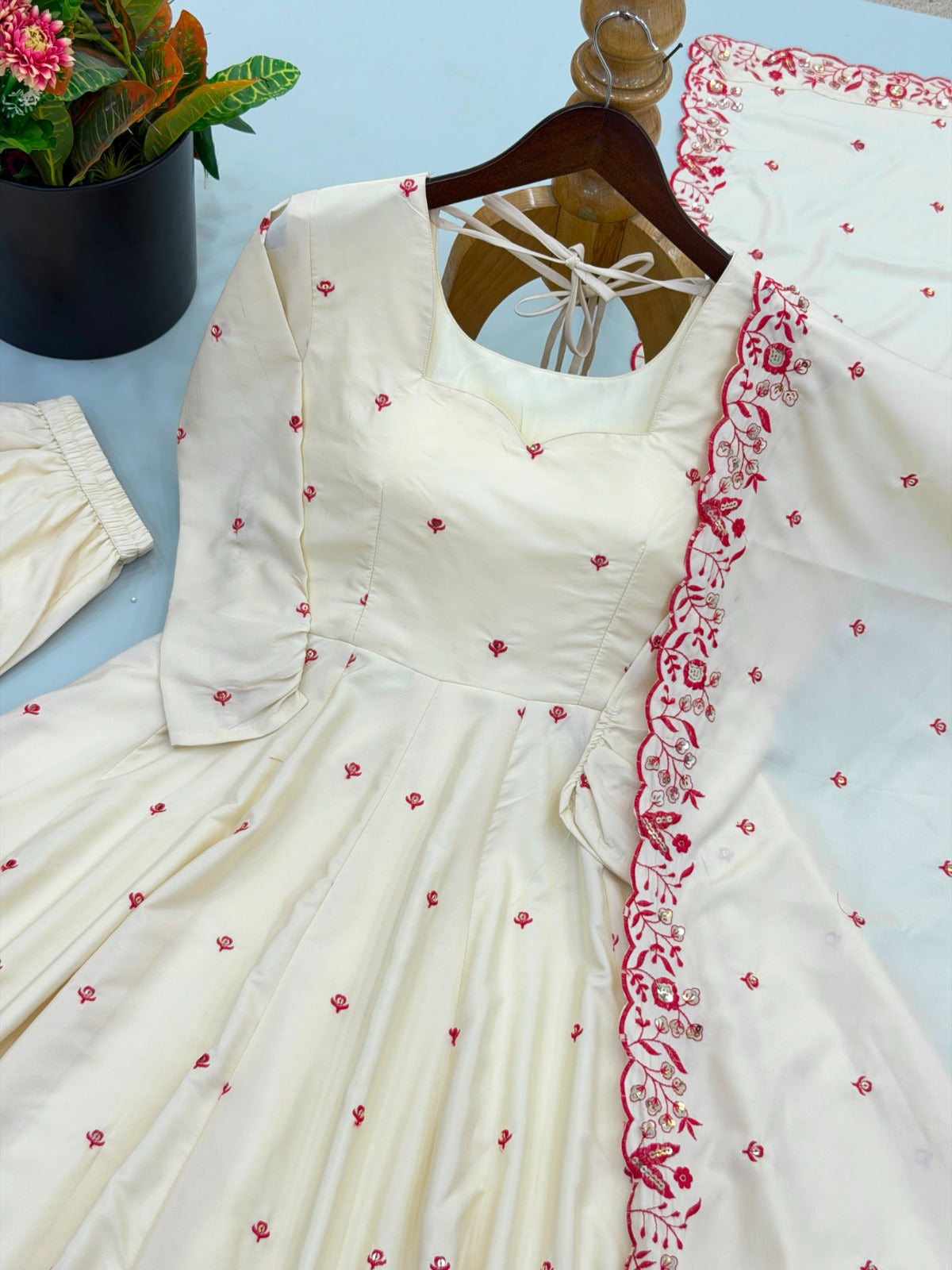 Dimond Silk With Embroidery Work Gown And Dupatta Set Fully Stitched