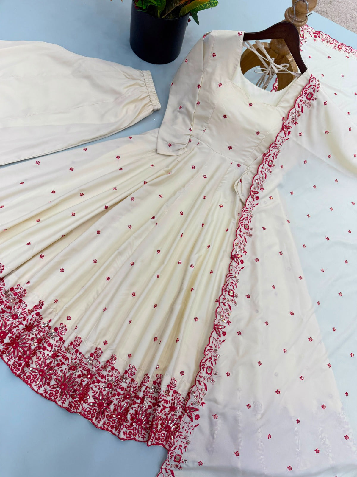 Dimond Silk With Embroidery Work Gown And Dupatta Set Fully Stitched