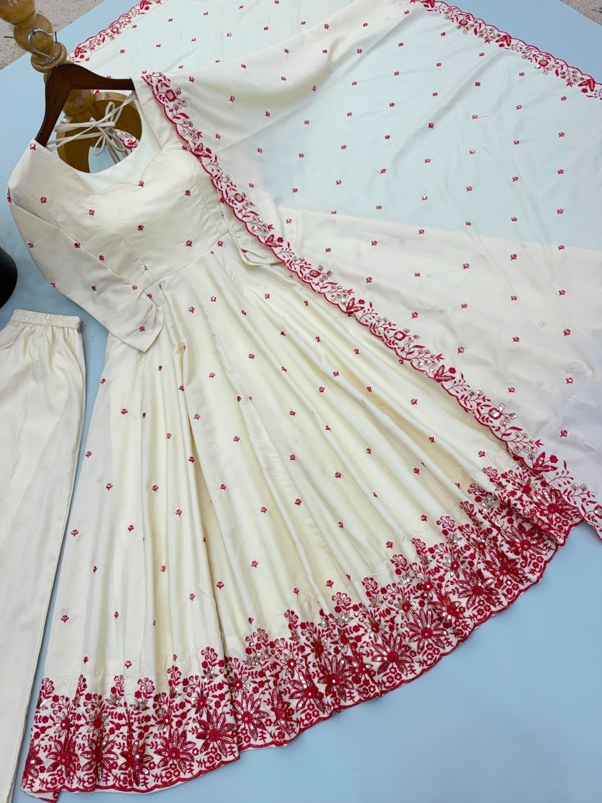 Dimond Silk With Embroidery Work Gown And Dupatta Set Fully Stitched