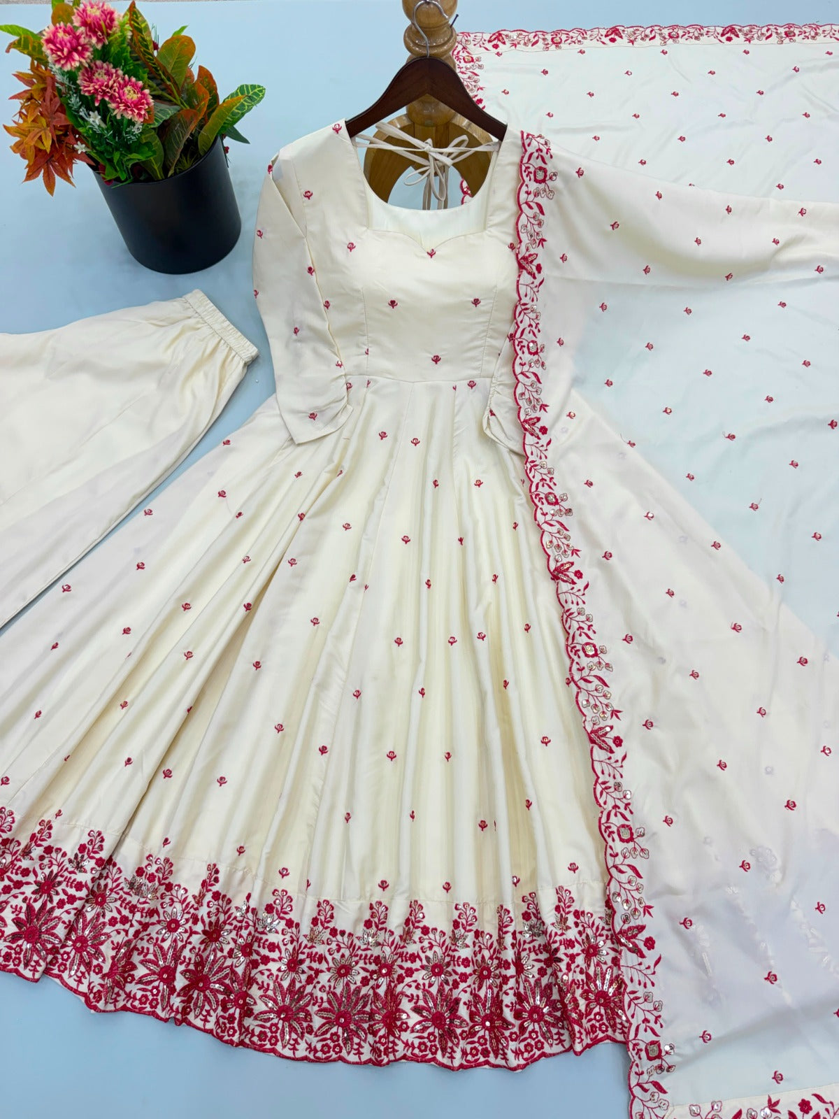 Dimond Silk With Embroidery Work Gown And Dupatta Set Fully Stitched