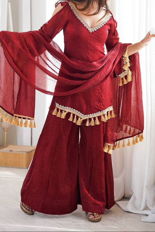 Kurti Sharara Set with Golden Tassels & Real Mirror Work Lace