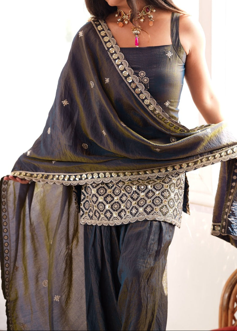 Premium Vichitra Silk Embroidery  Sequence & Jari Work Farshi Salwar Set
