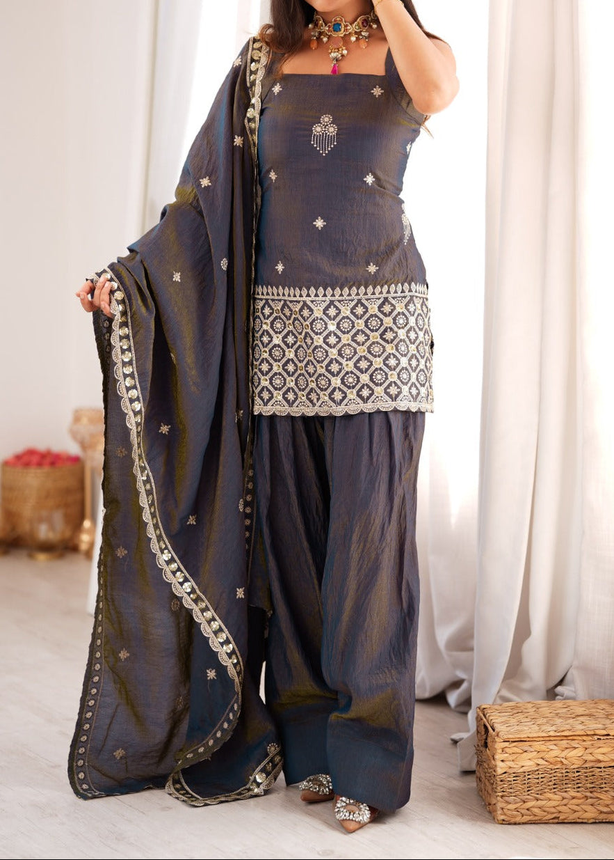 Premium Vichitra Silk Embroidery  Sequence & Jari Work Farshi Salwar Set