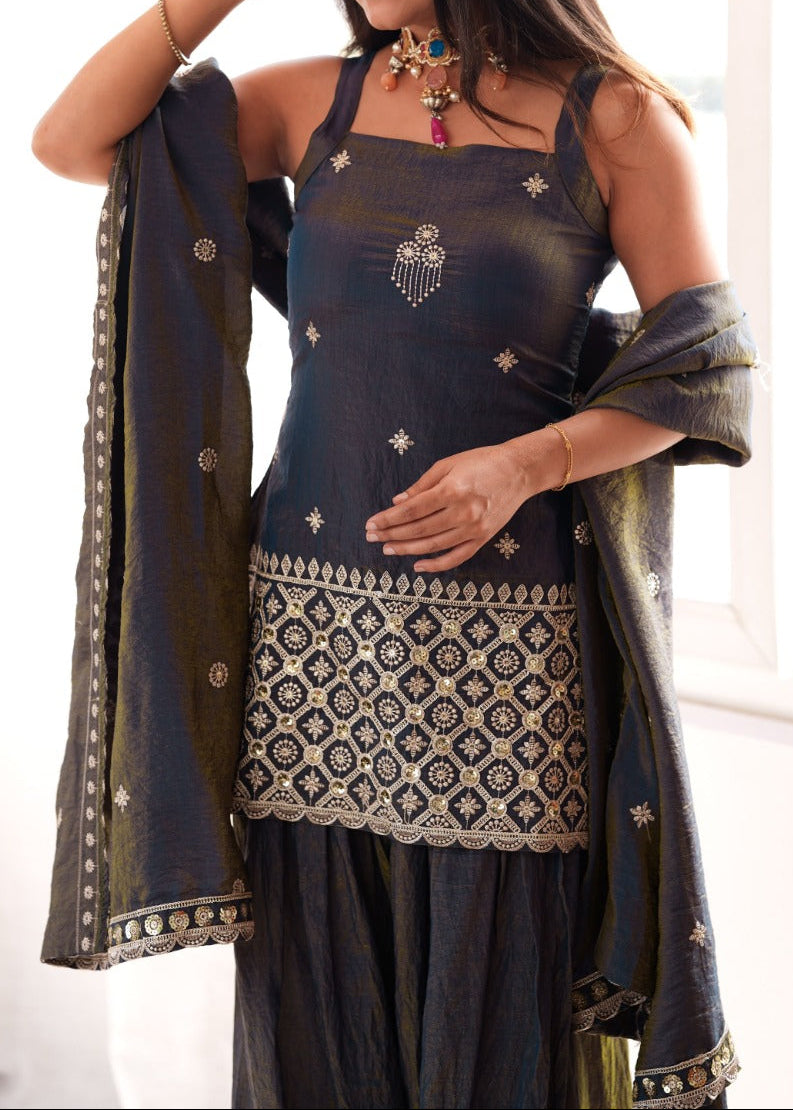 Premium Vichitra Silk Embroidery  Sequence & Jari Work Farshi Salwar Set