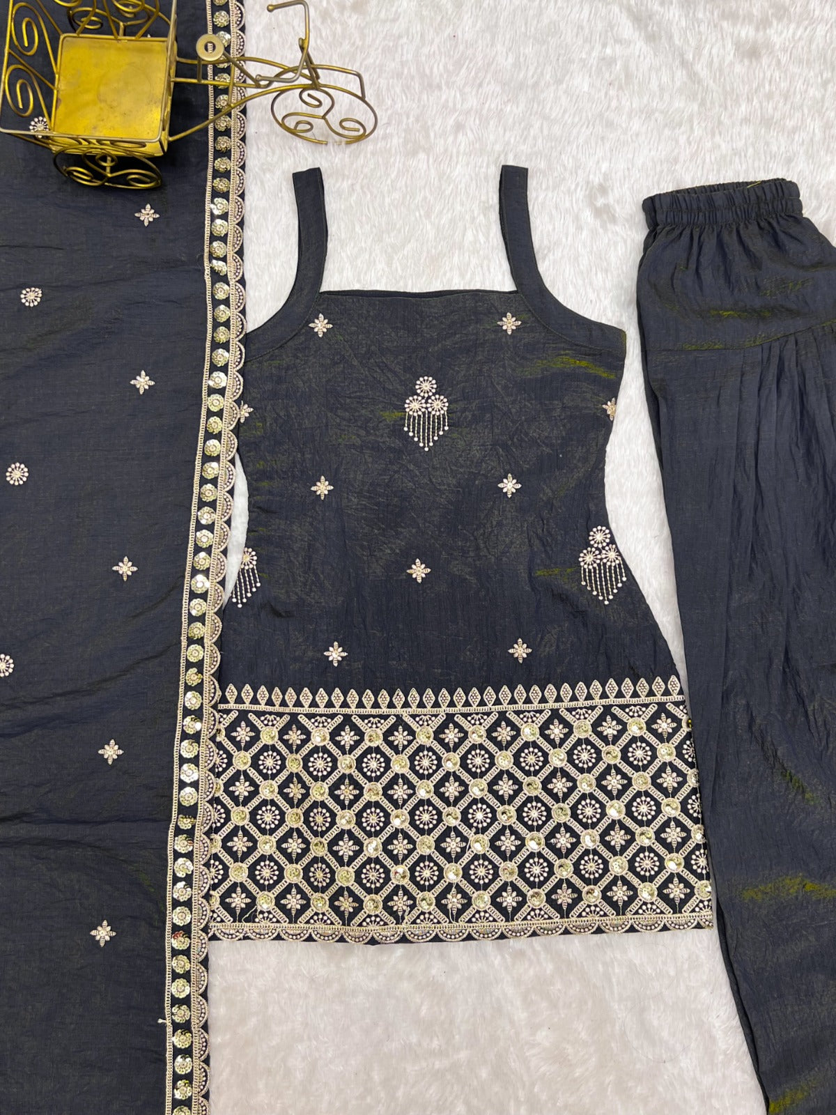 Premium Vichitra Silk Embroidery  Sequence & Jari Work Farshi Salwar Set