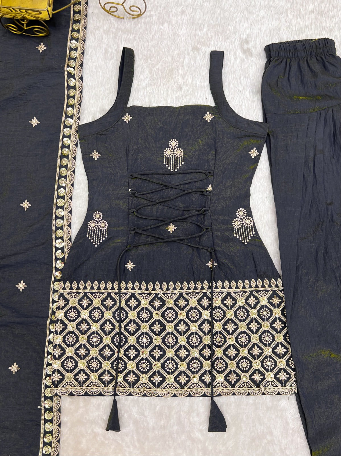 Premium Vichitra Silk Embroidery  Sequence & Jari Work Farshi Salwar Set