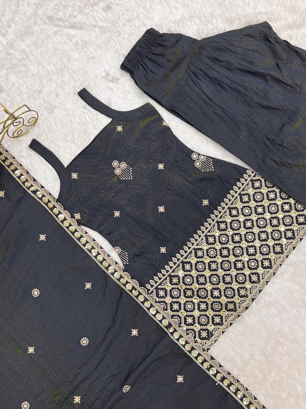 Premium Vichitra Silk Embroidery  Sequence & Jari Work Farshi Salwar Set