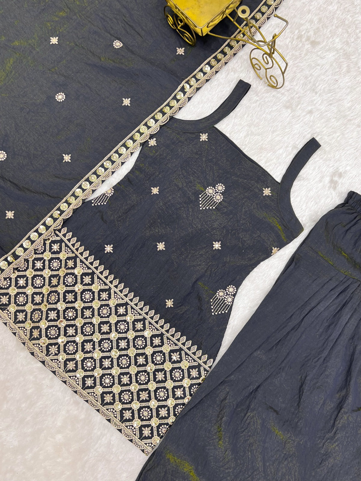 Premium Vichitra Silk Embroidery  Sequence & Jari Work Farshi Salwar Set