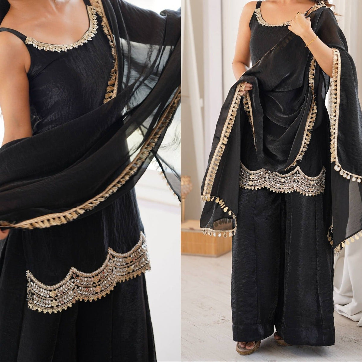 Designer Premium Fendy Silk Black Sharara Set With Real Mirror Work