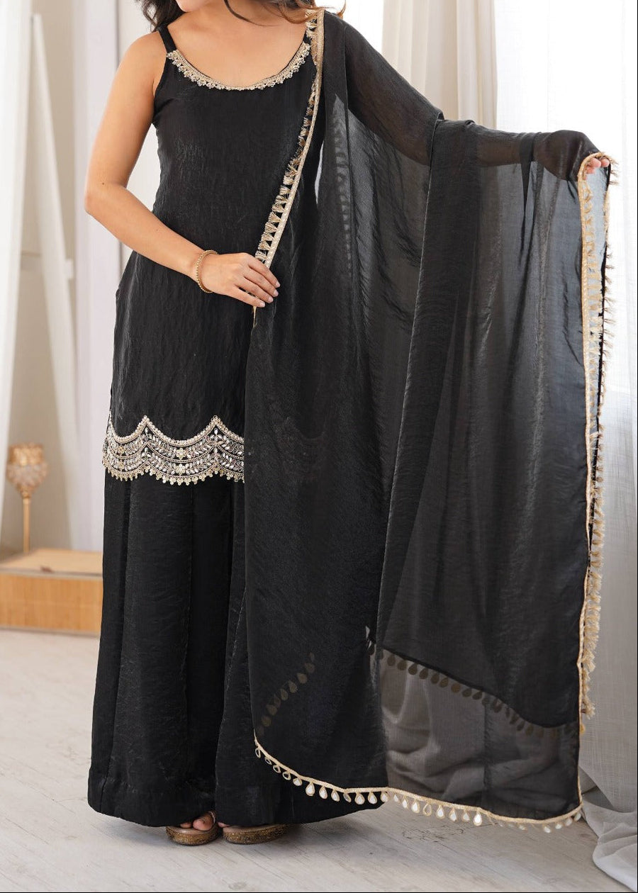 Designer Premium Fendy Silk Black Sharara Set With Real Mirror Work