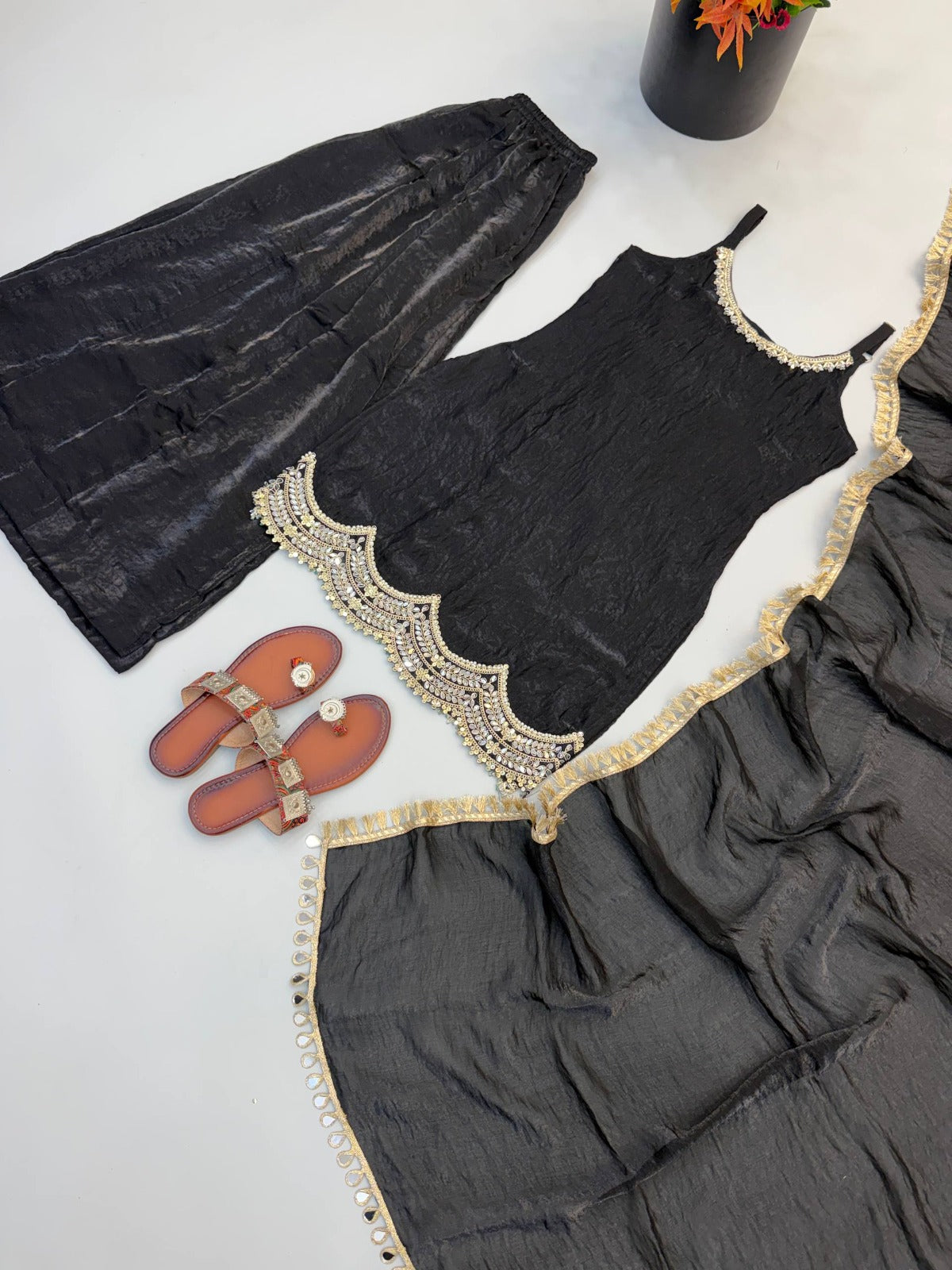 Designer Premium Fendy Silk Black Sharara Set With Real Mirror Work