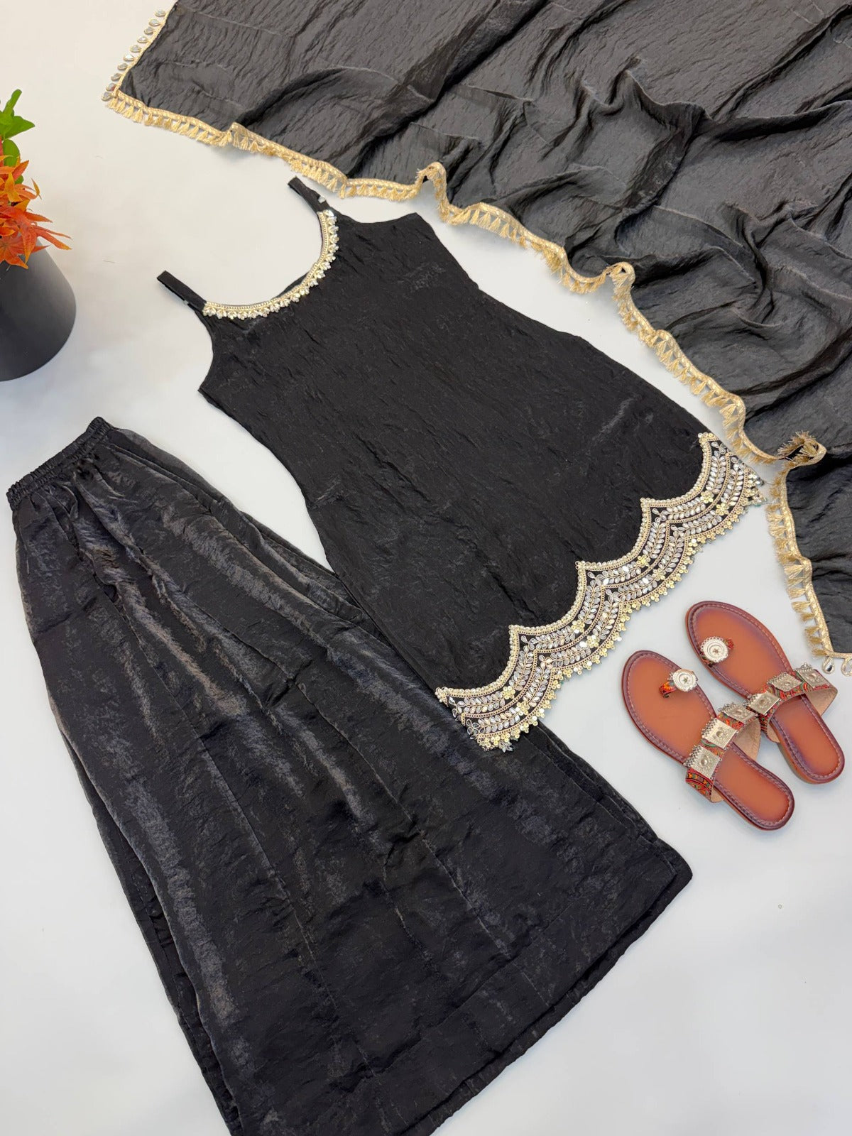 Designer Premium Fendy Silk Black Sharara Set With Real Mirror Work
