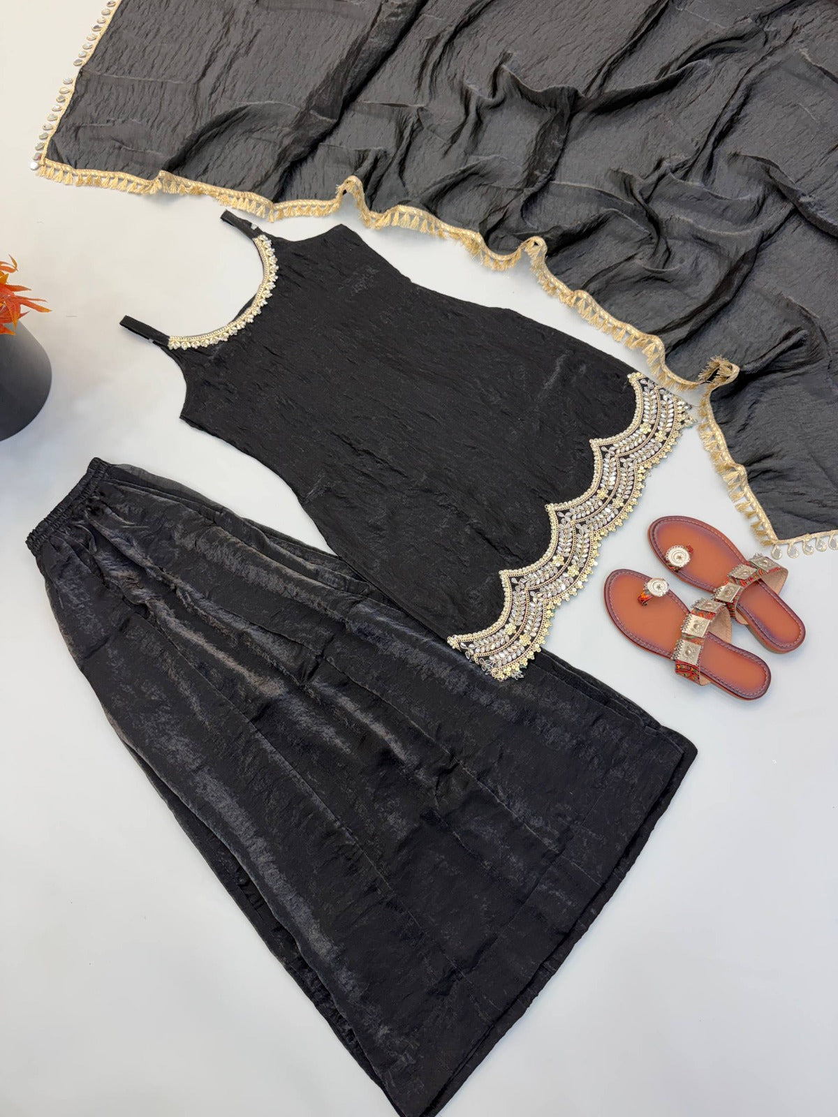 Designer Premium Fendy Silk Black Sharara Set With Real Mirror Work