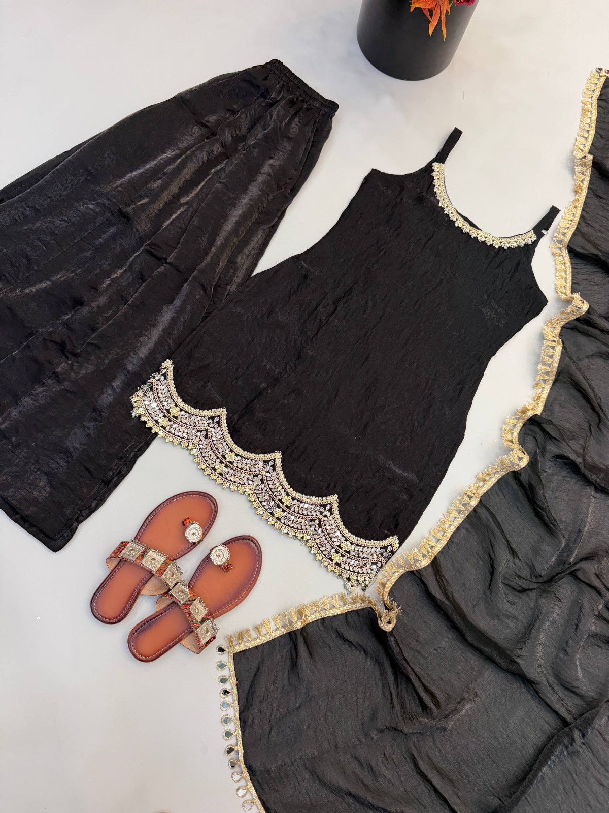 Designer Premium Fendy Silk Black Sharara Set With Real Mirror Work
