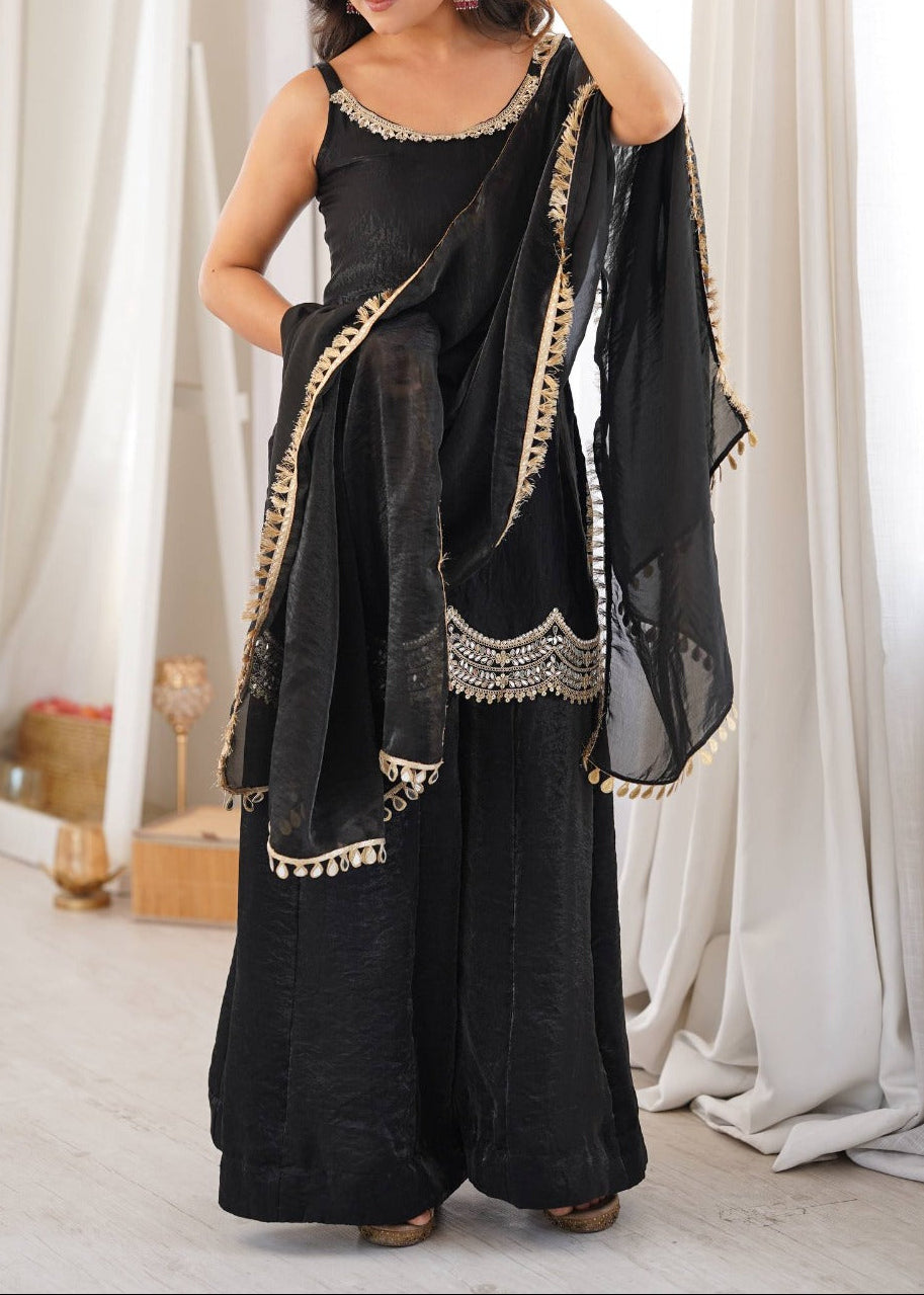 Designer Premium Fendy Silk Black Sharara Set With Real Mirror Work