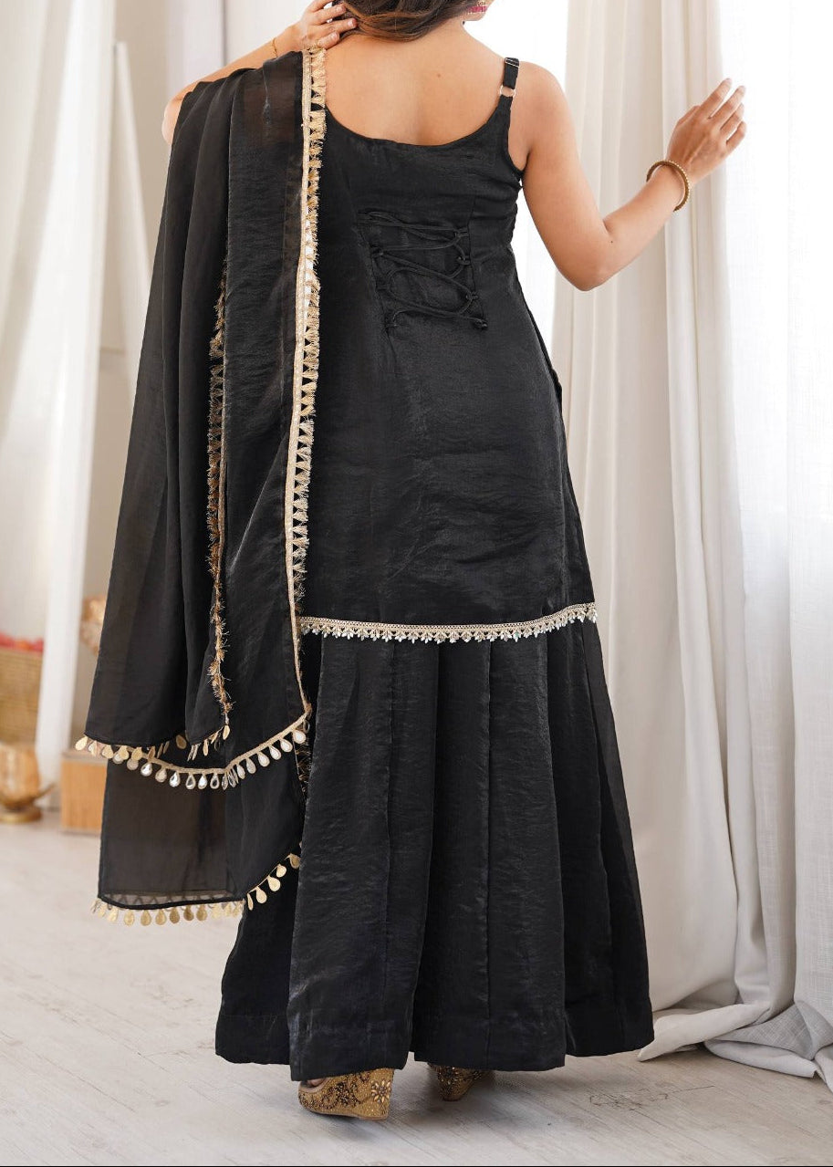 Designer Premium Fendy Silk Black Sharara Set With Real Mirror Work