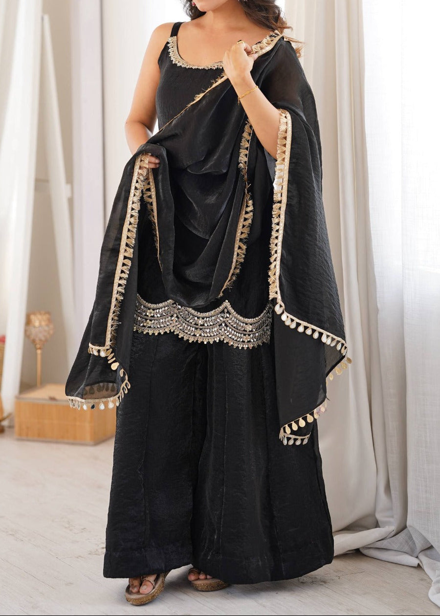 Designer Premium Fendy Silk Black Sharara Set With Real Mirror Work ...