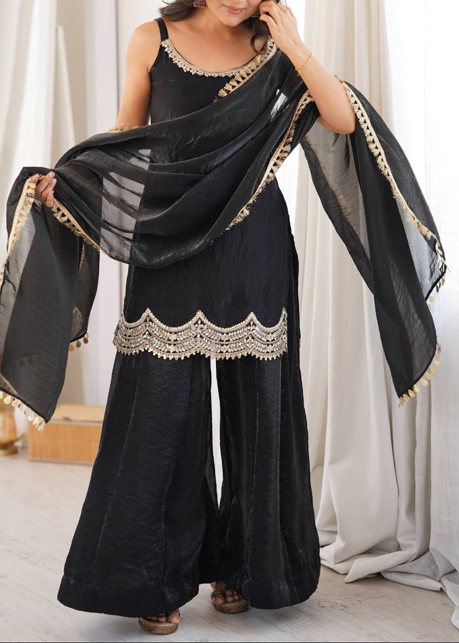 Designer Premium Fendy Silk Black Sharara Set With Real Mirror Work