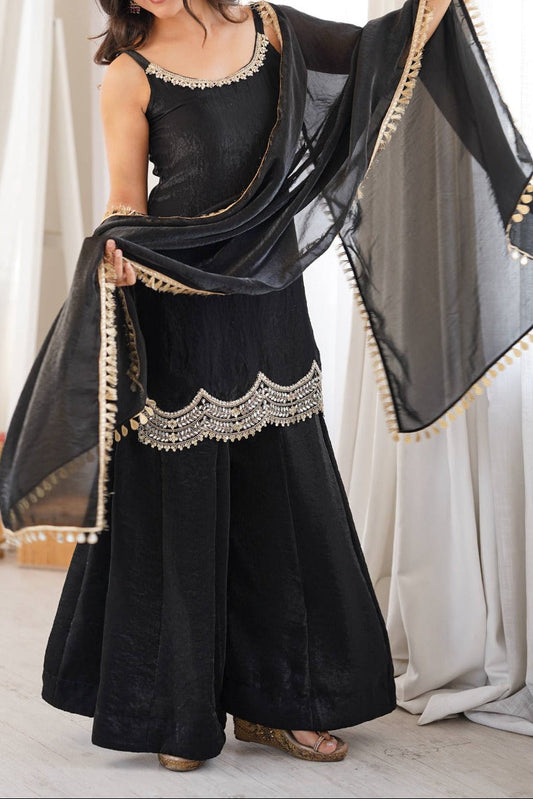 Designer Premium Fendy Silk Black Sharara Set With Real Mirror Work