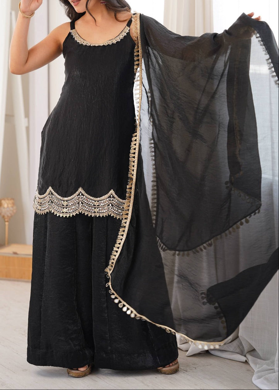 Designer Premium Fendy Silk Black Sharara Set With Real Mirror Work