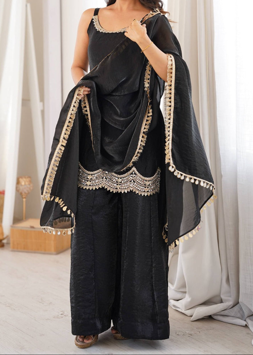 Designer Premium Fendy Silk Black Sharara Set With Real Mirror Work