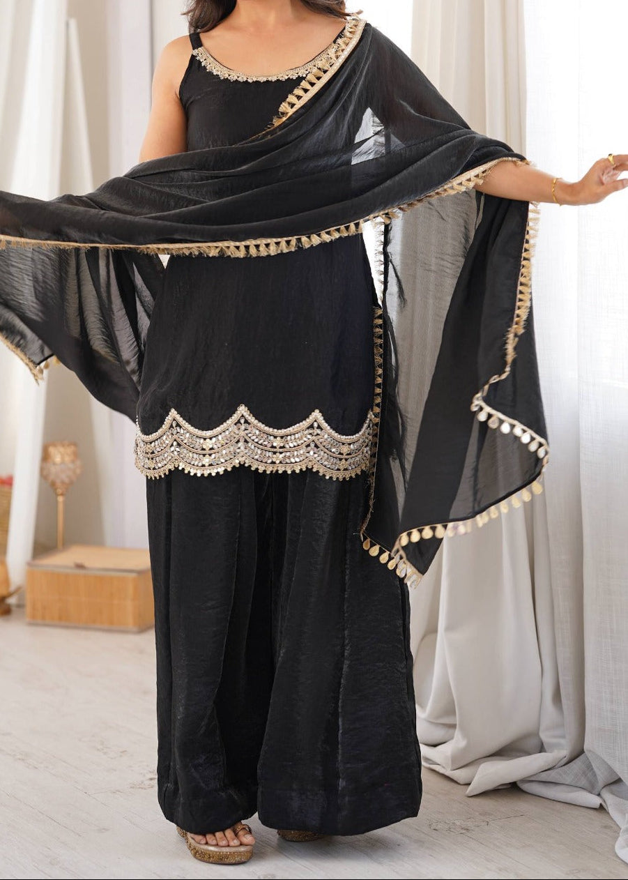 Designer Premium Fendy Silk Black Sharara Set With Real Mirror Work