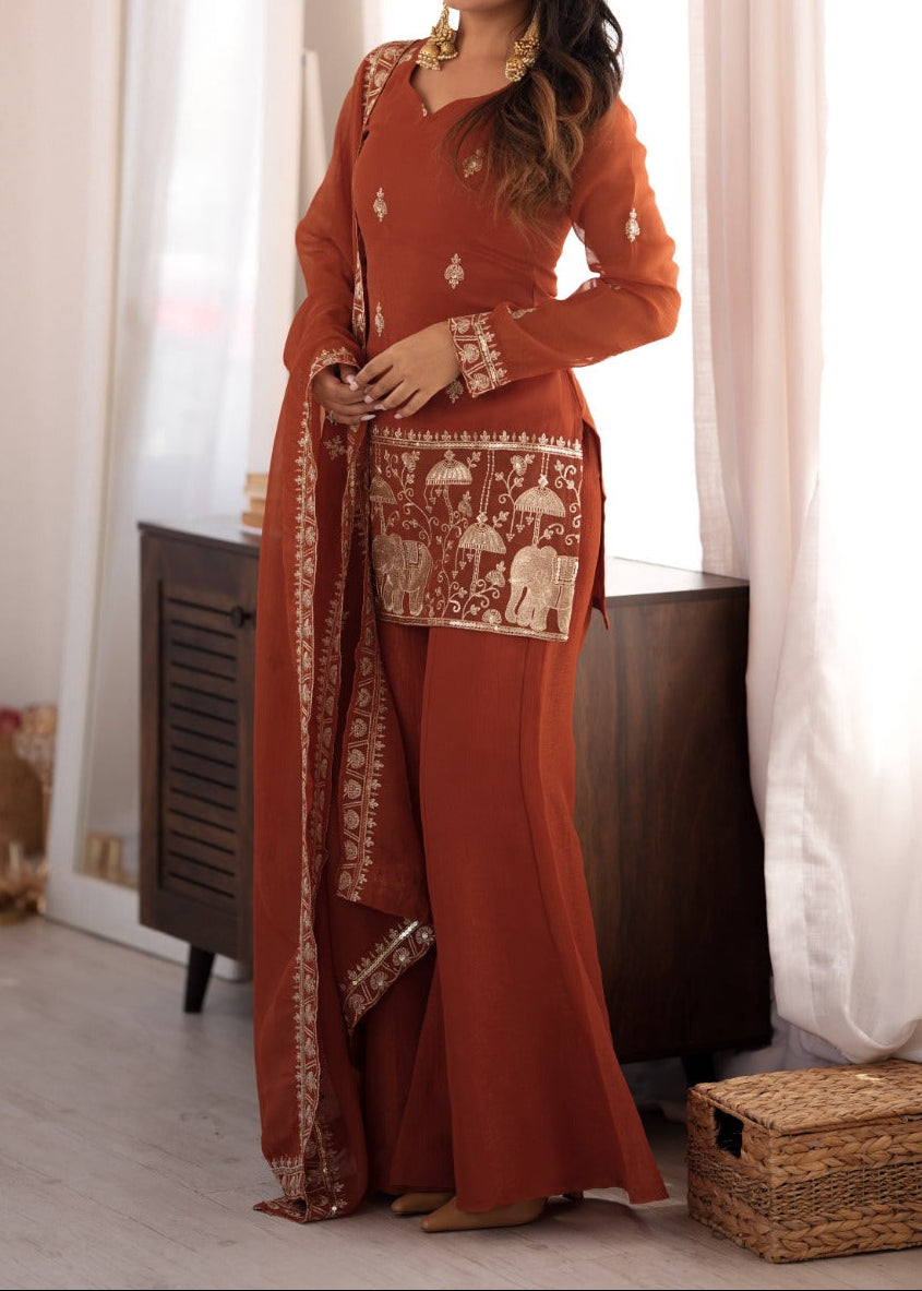 Gorgeous Crunchy Silk Embroidery Sequence & Jari  Work With Bell Bottom Set