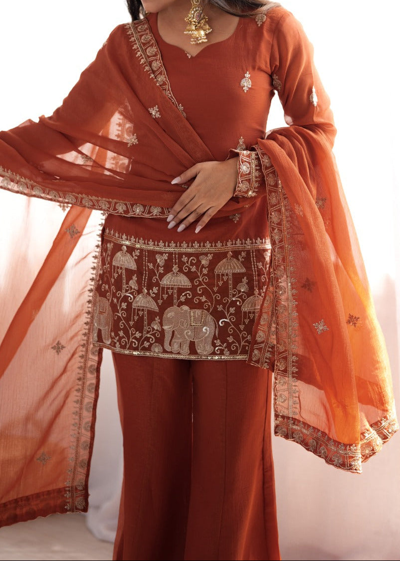 Gorgeous Crunchy Silk Embroidery Sequence & Jari  Work With Bell Bottom Set