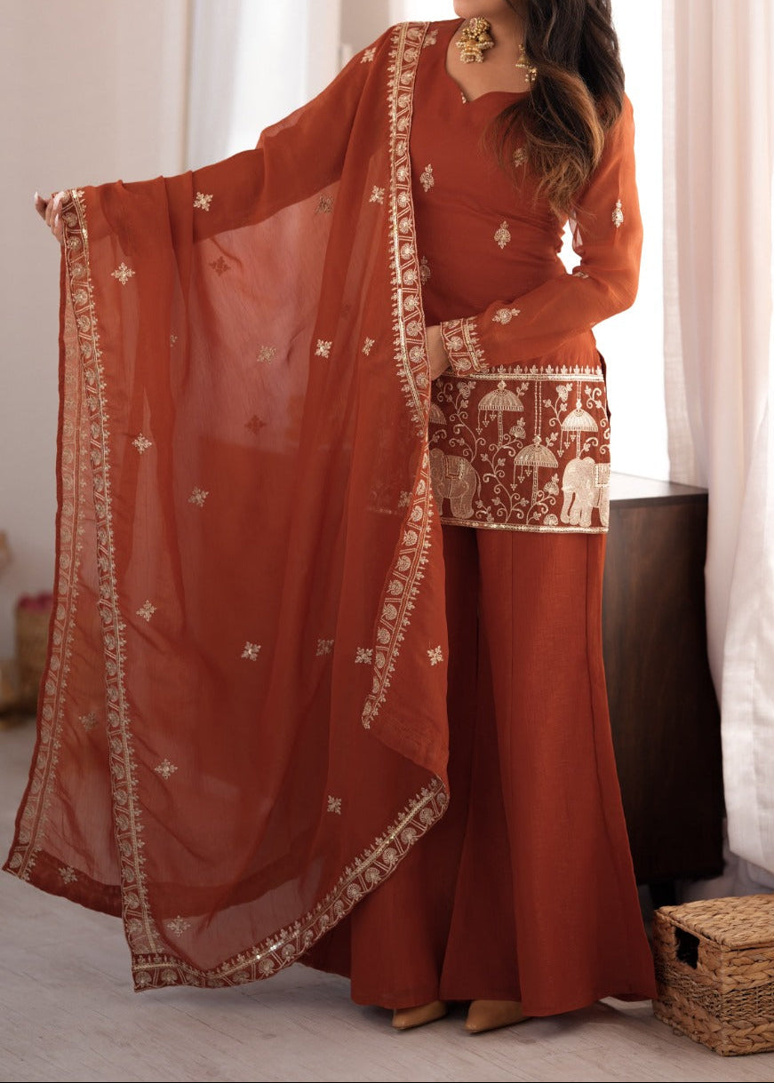 Gorgeous Crunchy Silk Embroidery Sequence & Jari  Work With Bell Bottom Set
