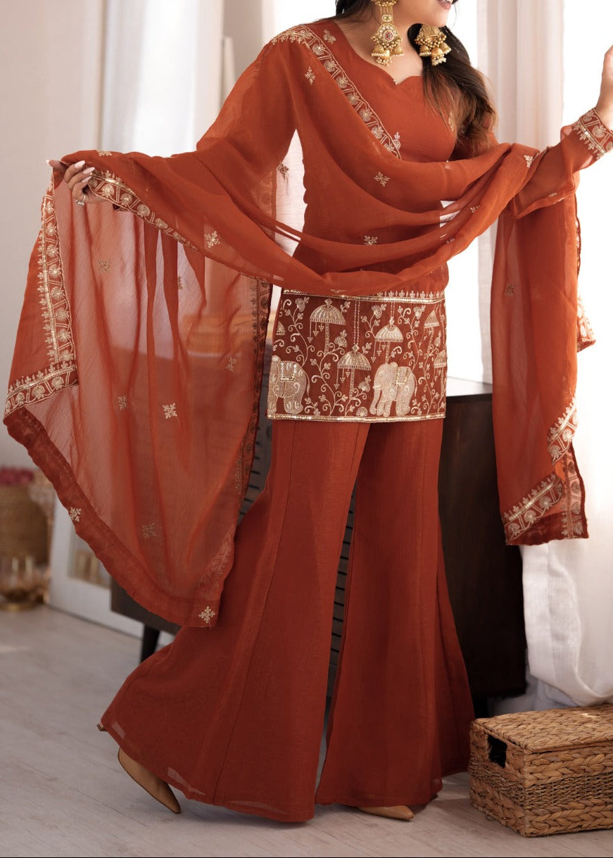 Gorgeous Crunchy Silk Embroidery Sequence & Jari  Work With Bell Bottom Set