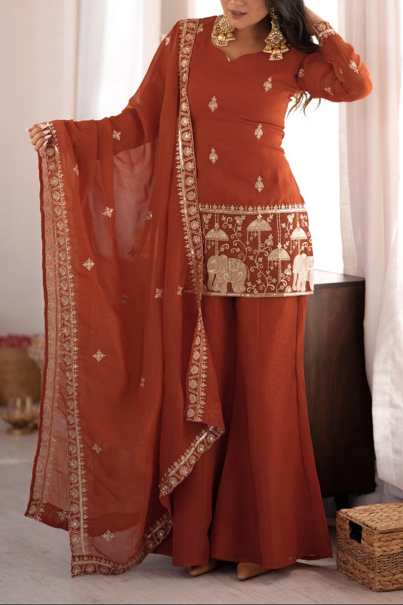Gorgeous Crunchy Silk Embroidery Sequence & Jari  Work With Bell Bottom Set