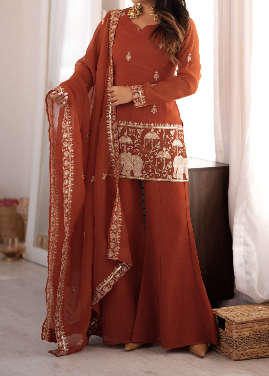 Gorgeous Crunchy Silk Embroidery Sequence & Jari  Work With Bell Bottom Set