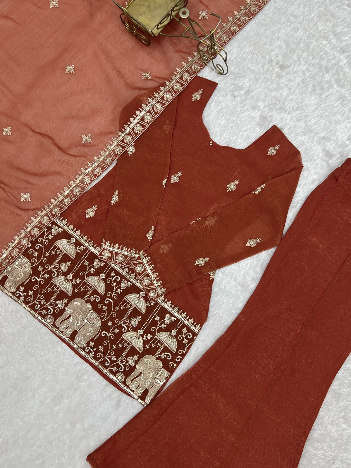 Gorgeous Crunchy Silk Embroidery Sequence & Jari  Work With Bell Bottom Set