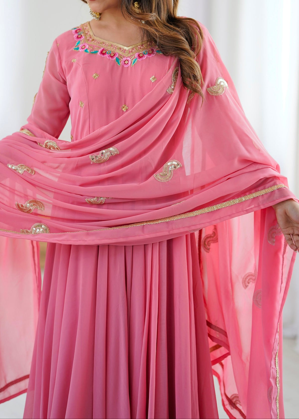 Heavy Faux Georgette Embroidery Sequence Work Fully Flare Anarkali Suit