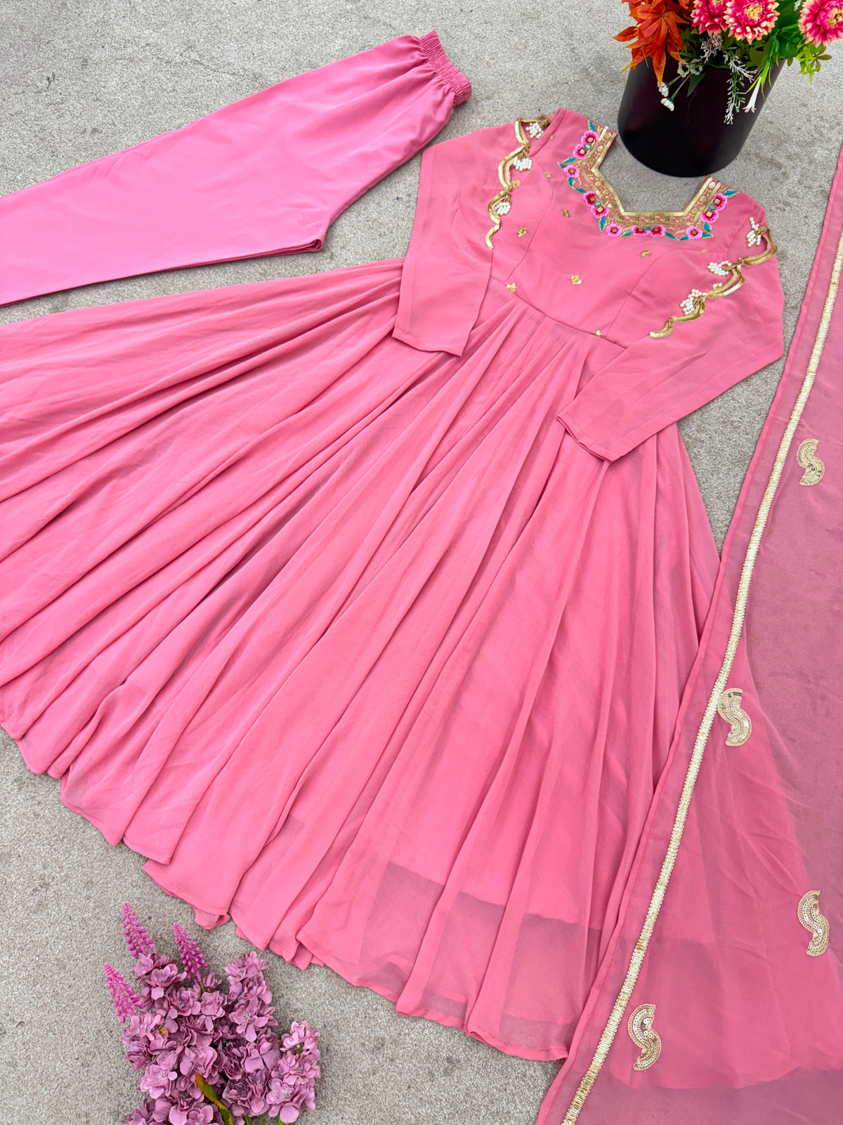 Heavy Faux Georgette Embroidery Sequence Work Fully Flare Anarkali Suit