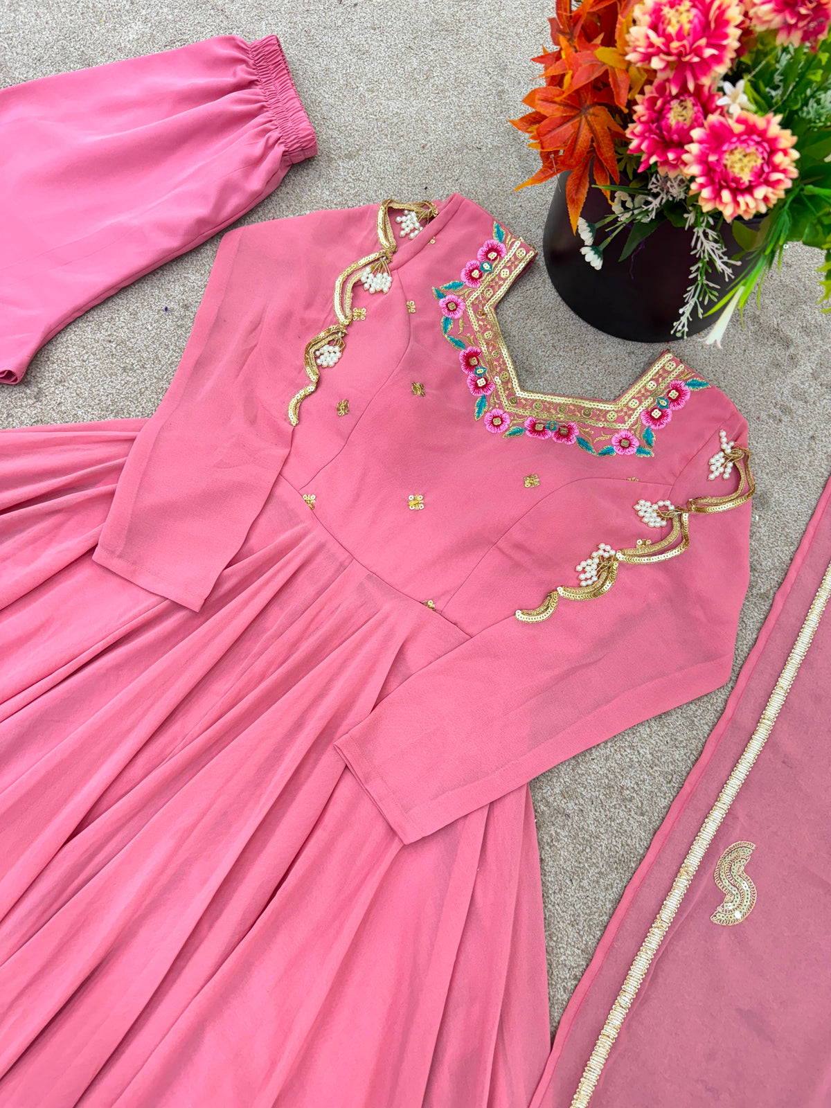 Heavy Faux Georgette Embroidery Sequence Work Fully Flare Anarkali Suit