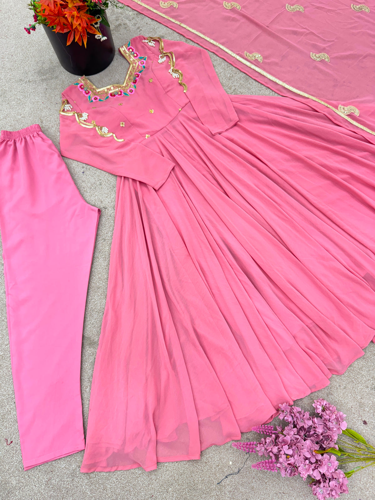 Heavy Faux Georgette Embroidery Sequence Work Fully Flare Anarkali Suit