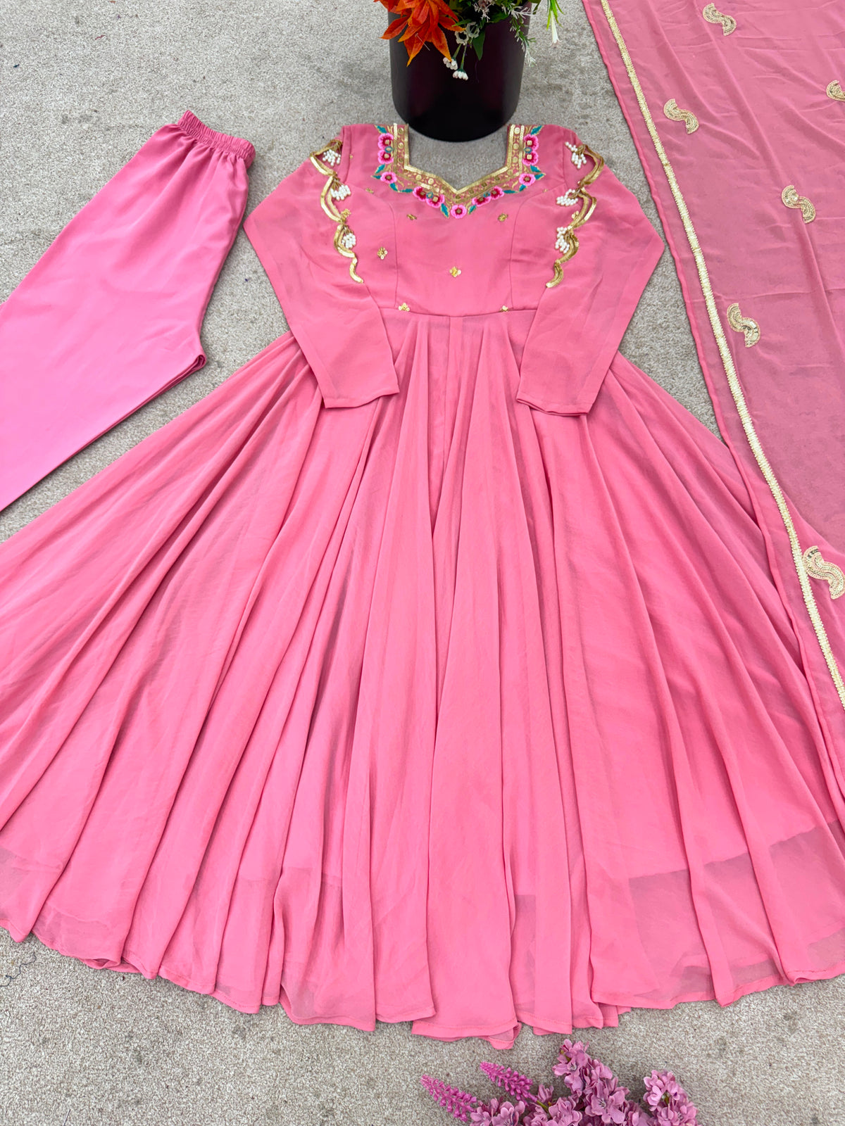 Heavy Faux Georgette Embroidery Sequence Work Fully Flare Anarkali Suit