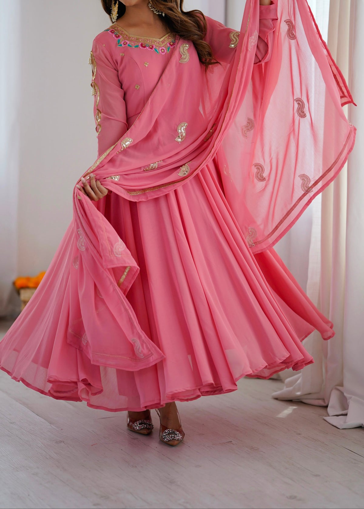Heavy Faux Georgette Embroidery Sequence Work Fully Flare Anarkali Suit