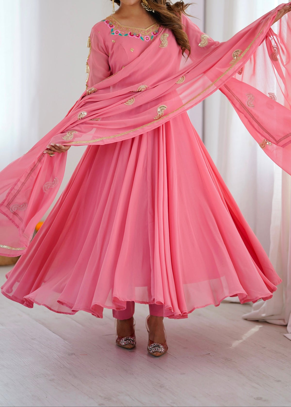 Heavy Faux Georgette Embroidery Sequence Work Fully Flare Anarkali Suit