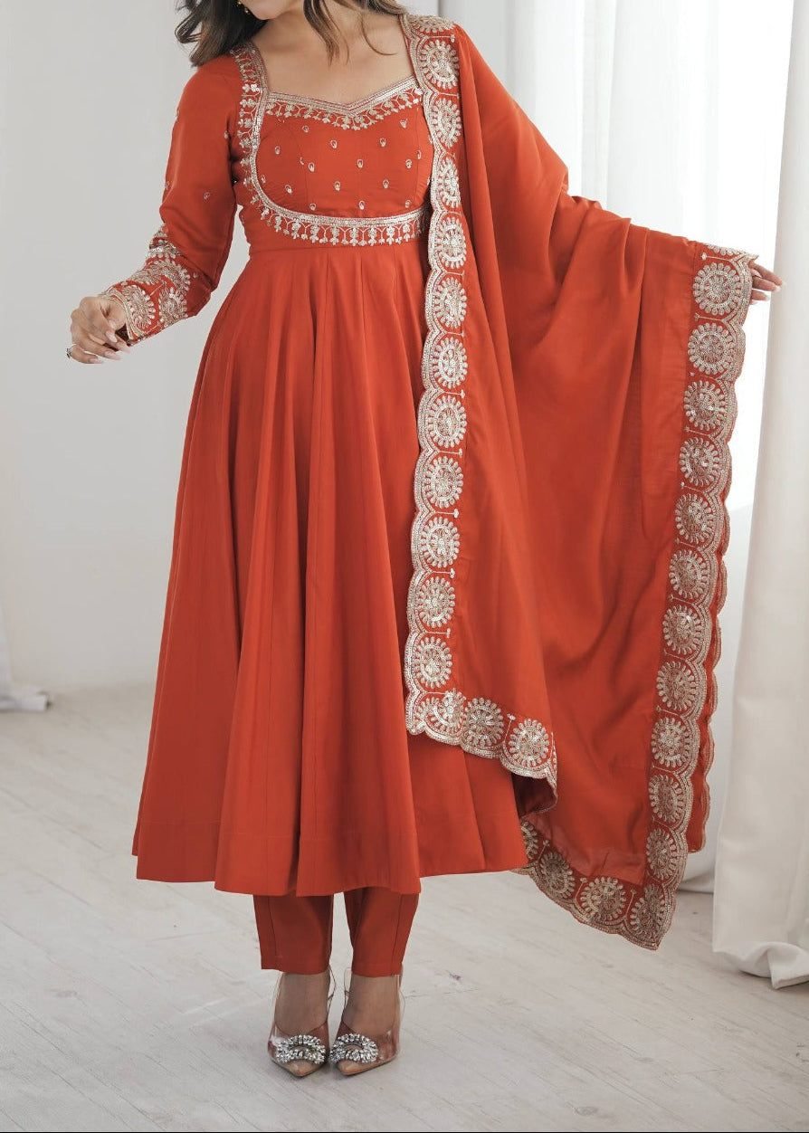 Elegant embroidered sequence designer anarkali three piece set