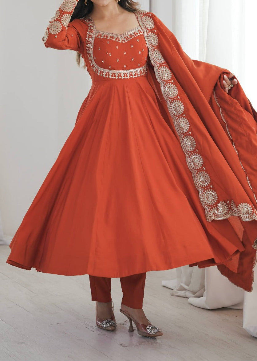Elegant embroidered sequence designer anarkali three piece set