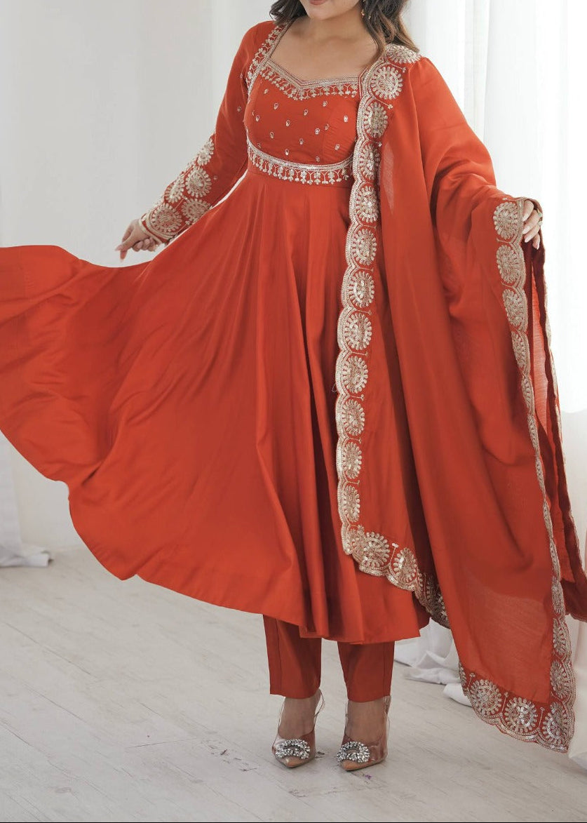 Elegant embroidered sequence designer anarkali three piece set