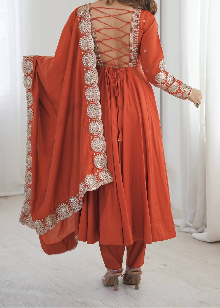 Elegant embroidered sequence designer anarkali three piece set