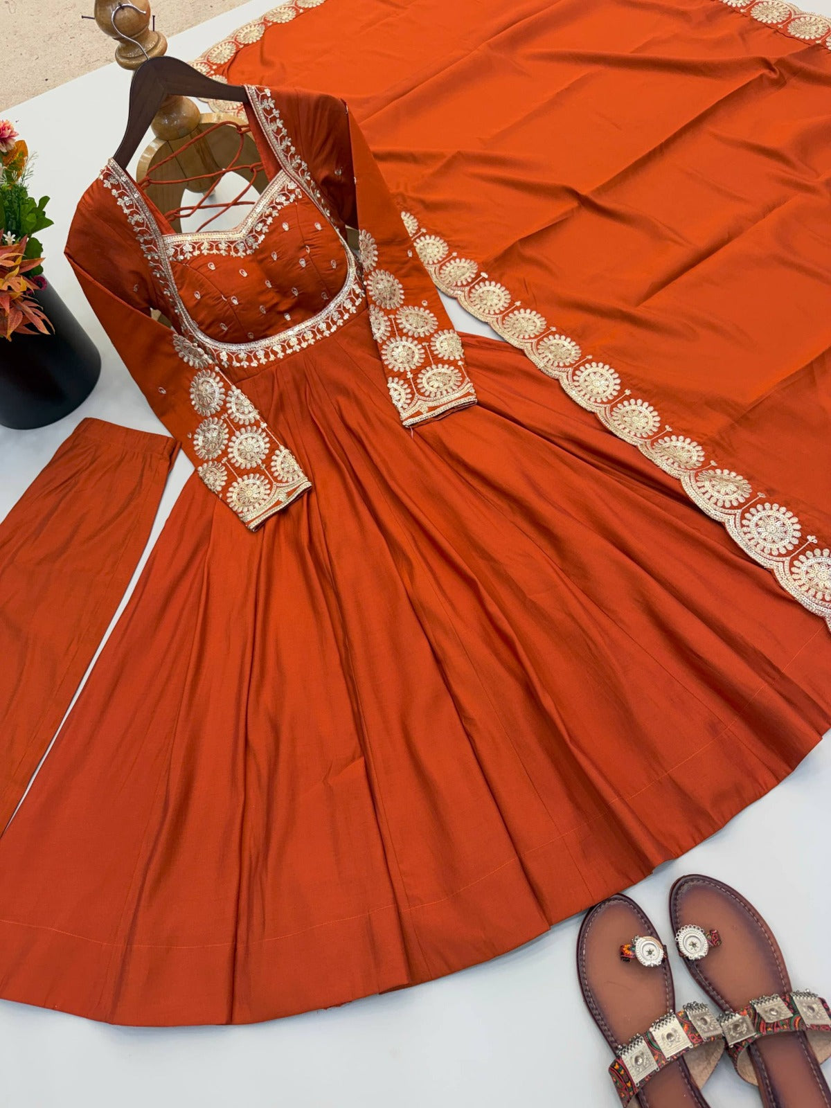 Elegant embroidered sequence designer anarkali three piece set