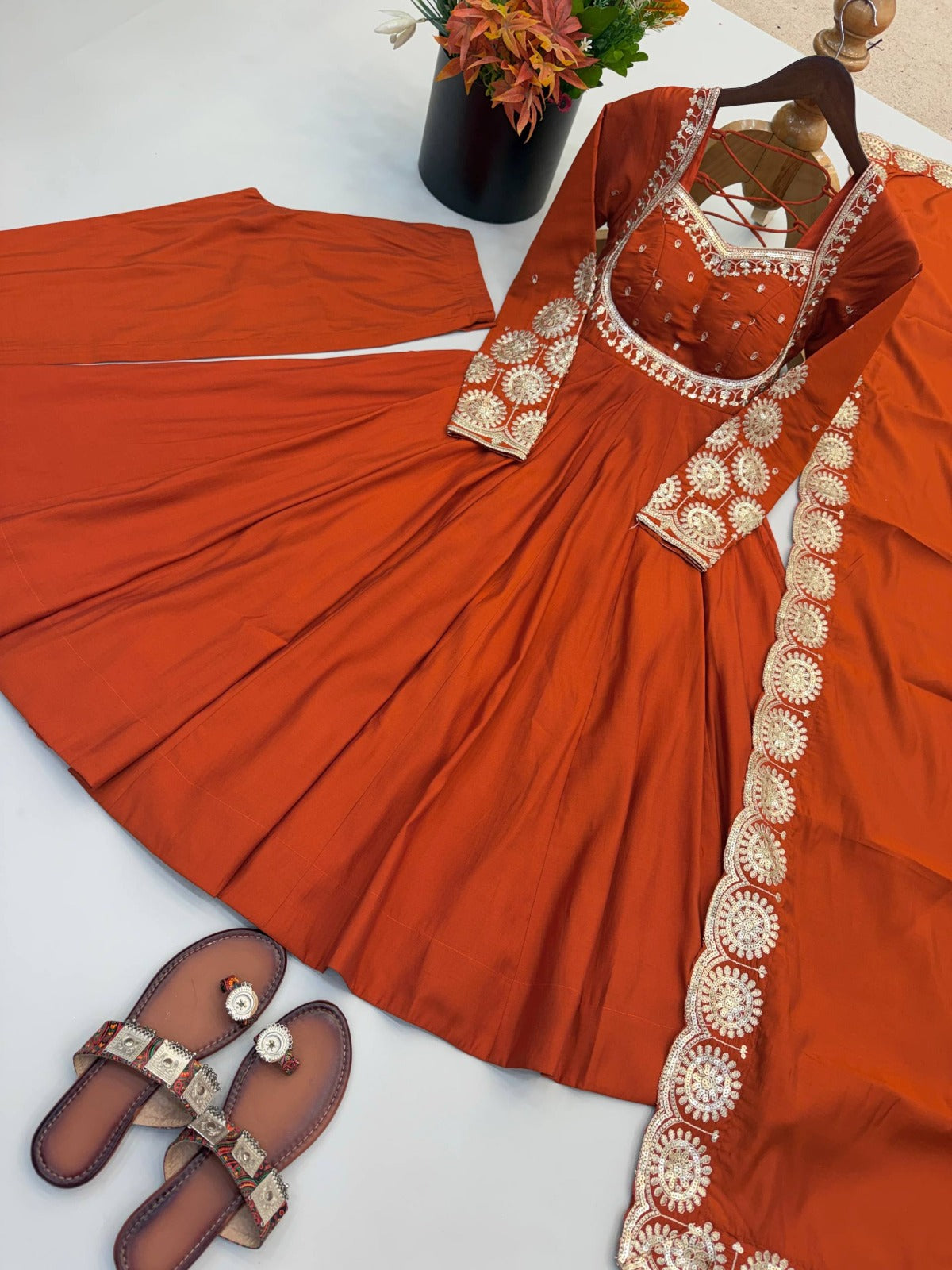 Elegant embroidered sequence designer anarkali three piece set